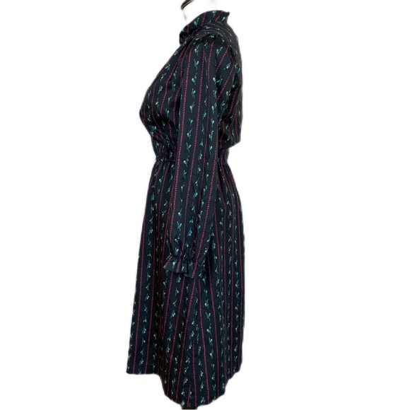 Vintage Jerrell of Texas Black Striped Micro Floral Elastic Waist MIDI Dress - Picture 6 of 12